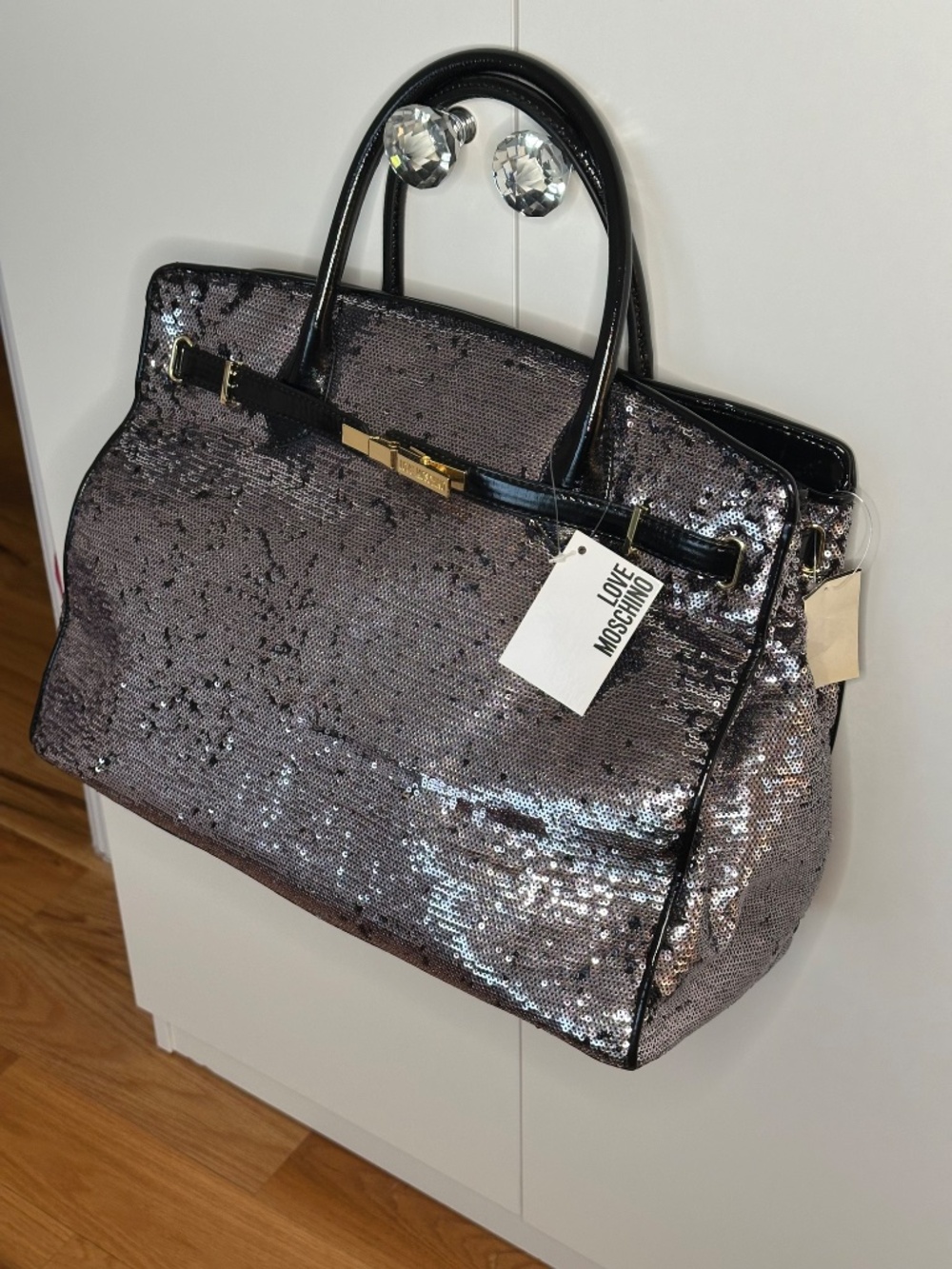 NWT Moschino Sequin Satchel - black patent and steel grey